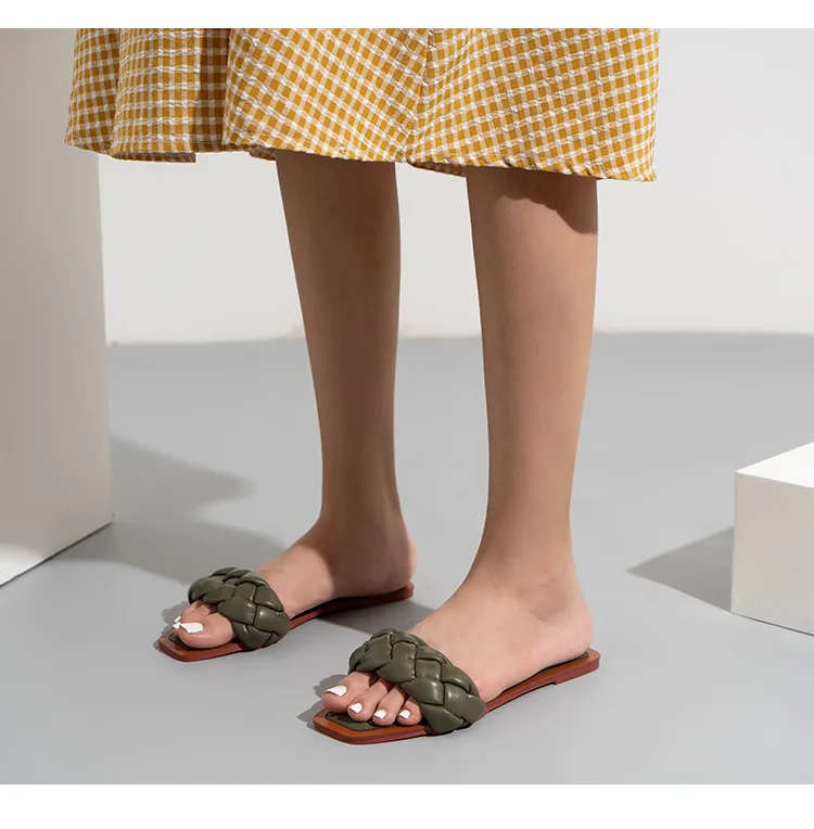 Trish Lucia Womens Square Open Toe Flat Sandals Slip On Mule Slides Braided Strap Slipper