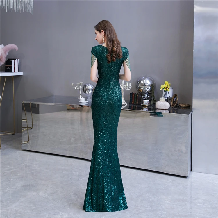 NWE1410 Flawless Sequin Lace Elegant wedding Dress Evening Dress with Tassel on Shoulder New Fashion Woman Dress