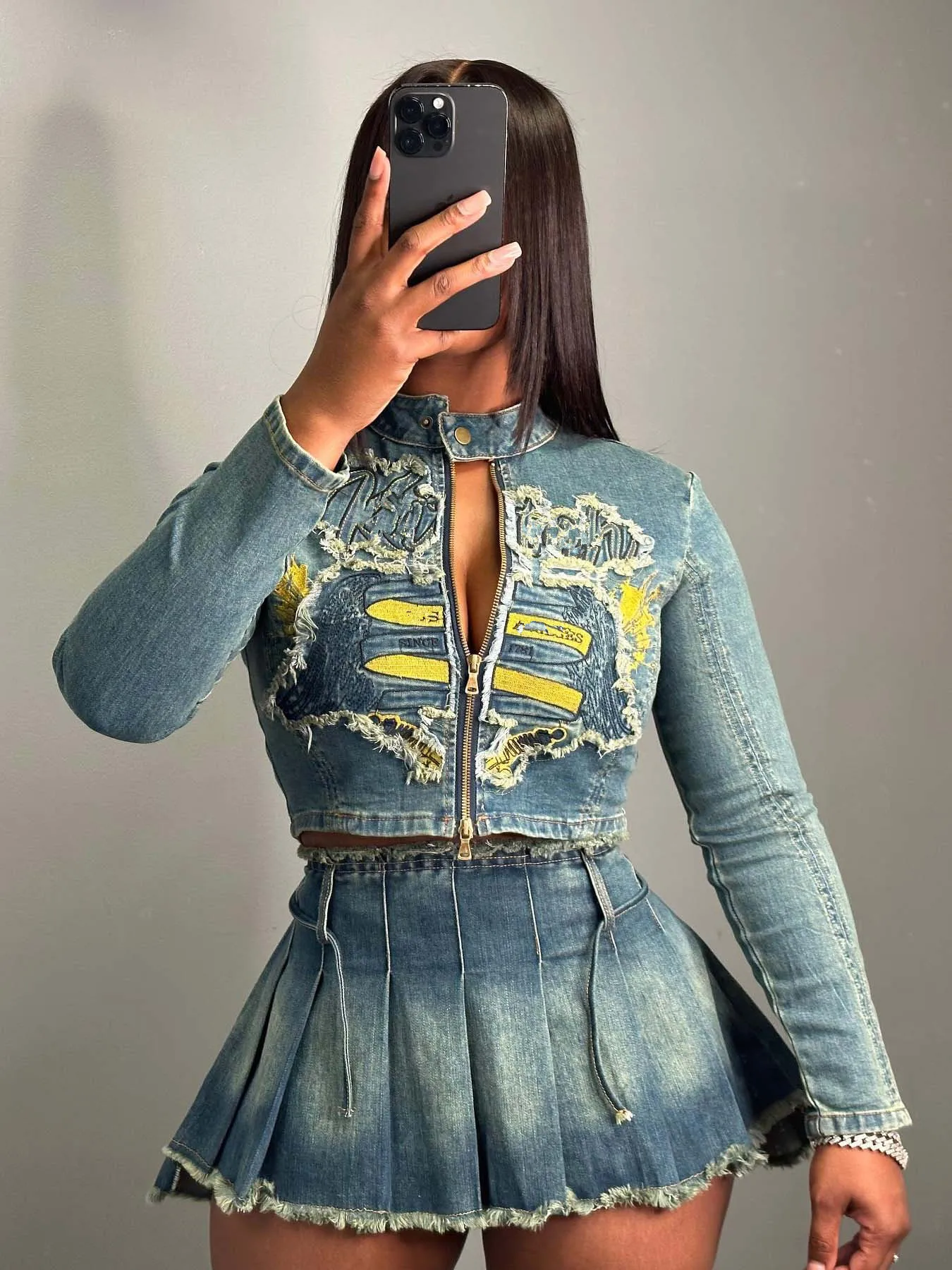 KY Acid Wash Distress Embroidery Denim Patchwork Skirt Jacket Pleated  Skirts for Women Ladies Short Denim Short Skirt 2 Pieces