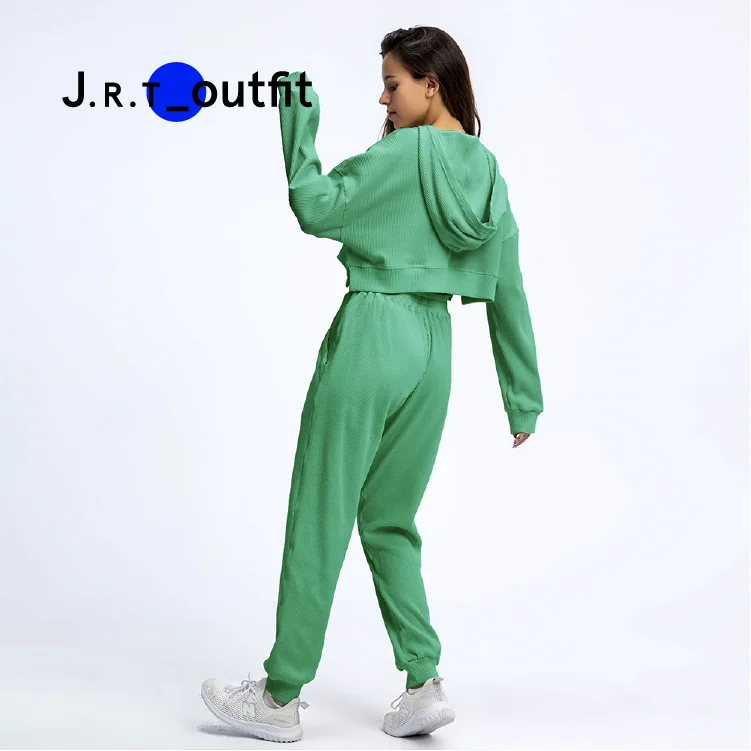 J.R.T Best Seller Good Quality Women Gym Apparel Casual Sweat Suits Long Sleeves Crop Top Ladies Hoodies Custom Logo Yoga Set