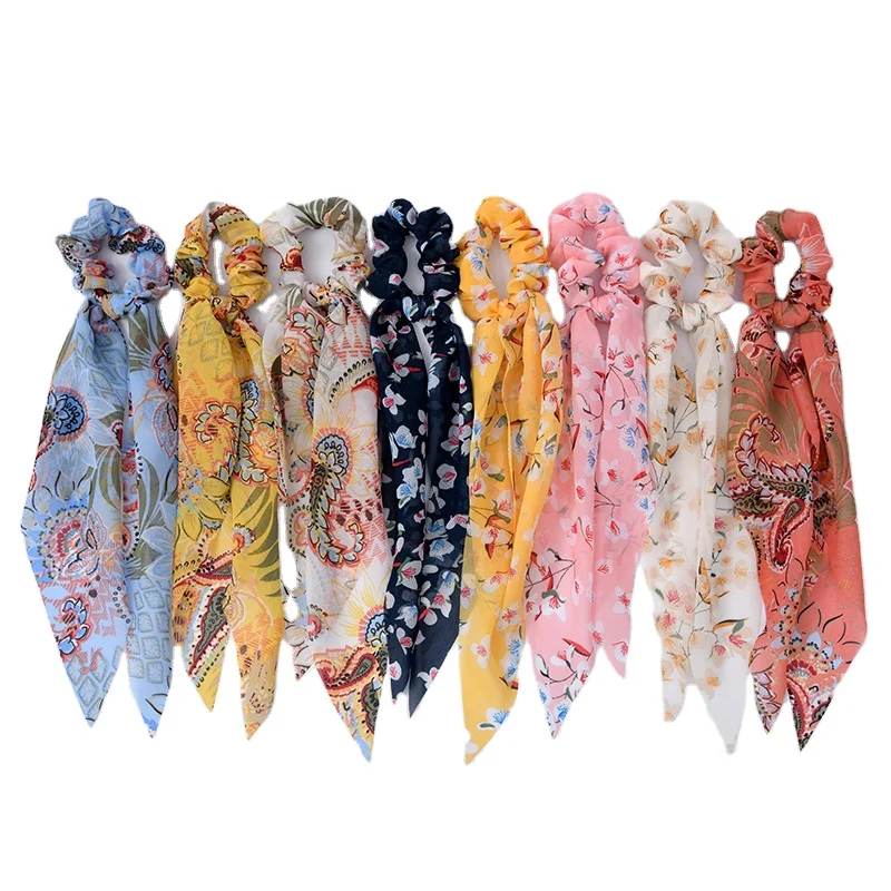 Hair Scarf Scrunchies with Ribbon Chiffon Floral Hair Scarves Boho Elastic Floral Hair Ties 2 in 1 Vintage  Accessories