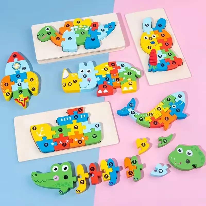Hot Selling Diy Girls Brain 3d Shape Matching Large Particle Montessori Jigsaw Animal Game Children Wood Puzzle Educational Toys