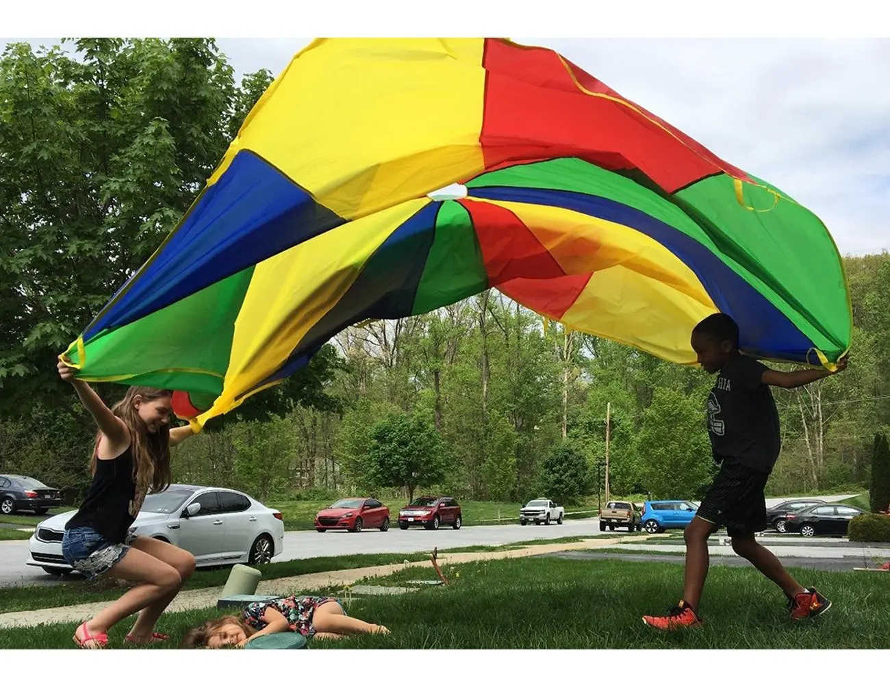 Outdoor Rainbow Umbrella Multicoloured Rip Stop Nylon Kid Parachute Toys For Kids