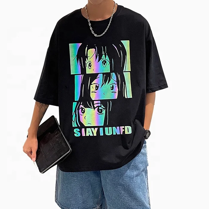 Custom graphic streetwear t shirt men oversize reflective anime t shirt