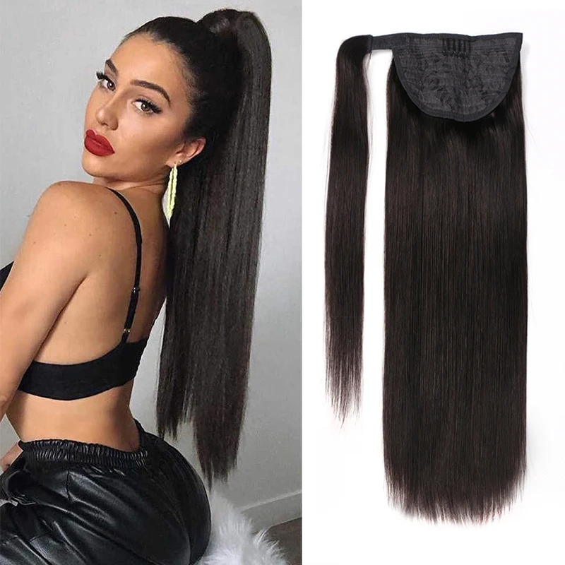 100% Natural Virgin European Remy Human Hair Extensions Long Black Stick-On Clip-in Ponytail Instant Wrap Straight Style
