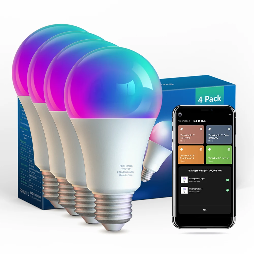 A19 E26 4 Set Pack RGB Tuya Wifi Blue tooth Alexa Google Voice Group Control Housing Decoration Smart Light Dimmable LED Bulbs