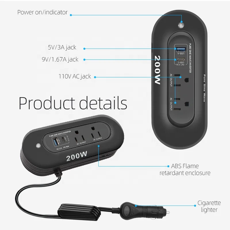 Mini Portable Car Power Inverter vehicle mounted intelligent Lithium battery car inverter 12V to 110V 200W sine wave inverter