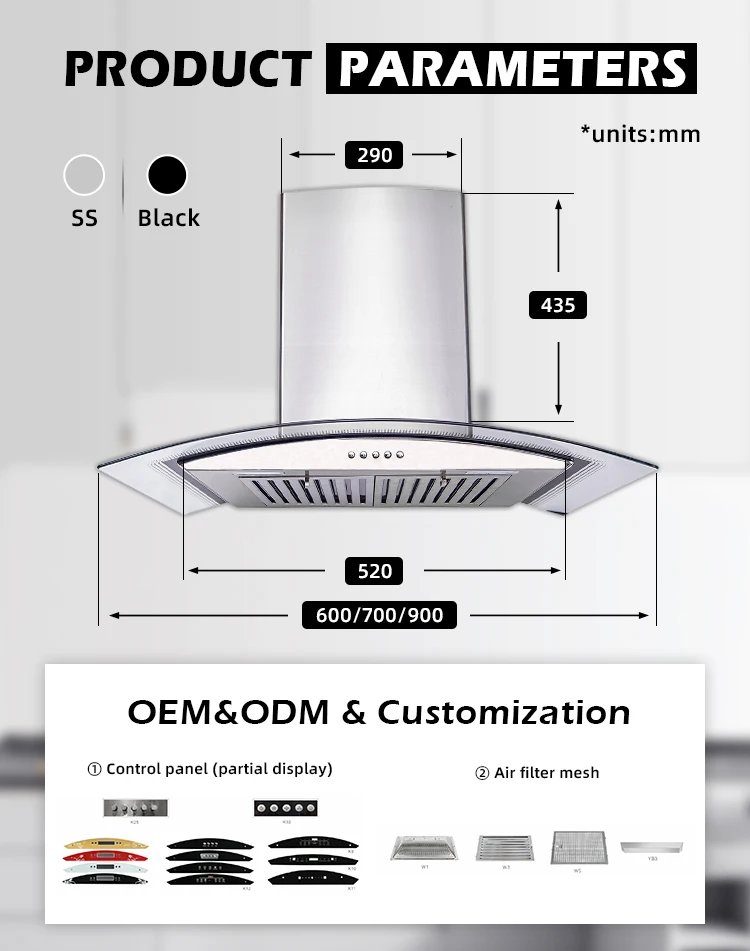 Smart kitchen extractor hood 90cm black celling mounted kitchen hood for the smoke with filters