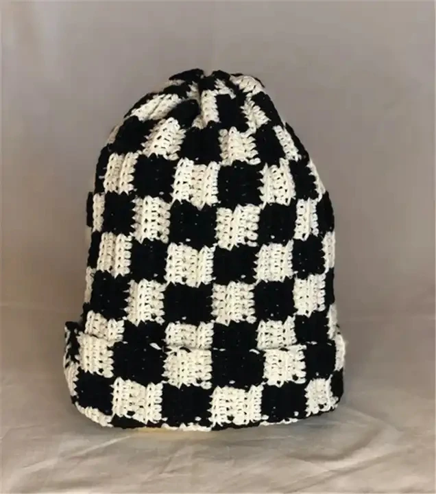 Fashion 2023 Winter Thick Crochet Knitted Cuffed Beanie Caps Handmade Checkered Beanie Hats for Women Men