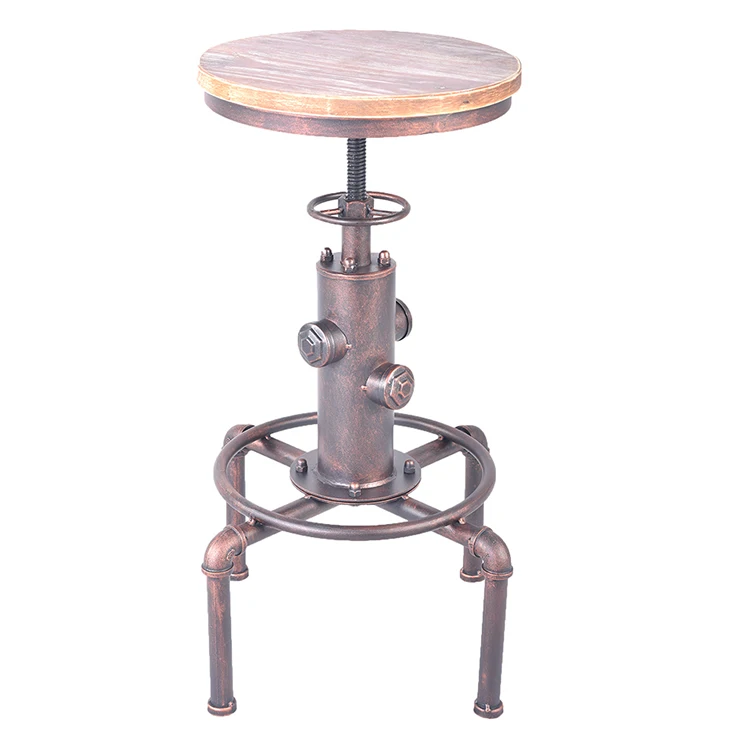 Industrial Bar Table with Swivel Adjustable Height Mechanism in Wire-Brushed Nutmeg