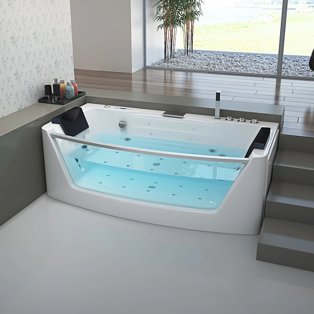 bathtubs whirlpools acrylic white rectangular Glass hydromassage bathtub with 2 pillows