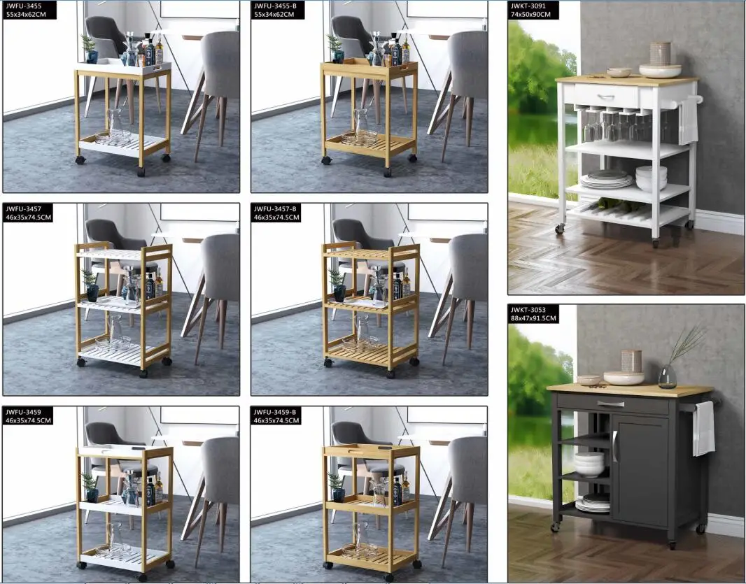 2023 Custom White Rolling mobile wheels wooden serving trolley kitchen island cart with wine rack and glasses holder