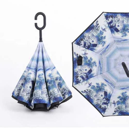 Ручной двухслойный перевернутый Ветрозащитный Зонт с ручкой «свободные руки»