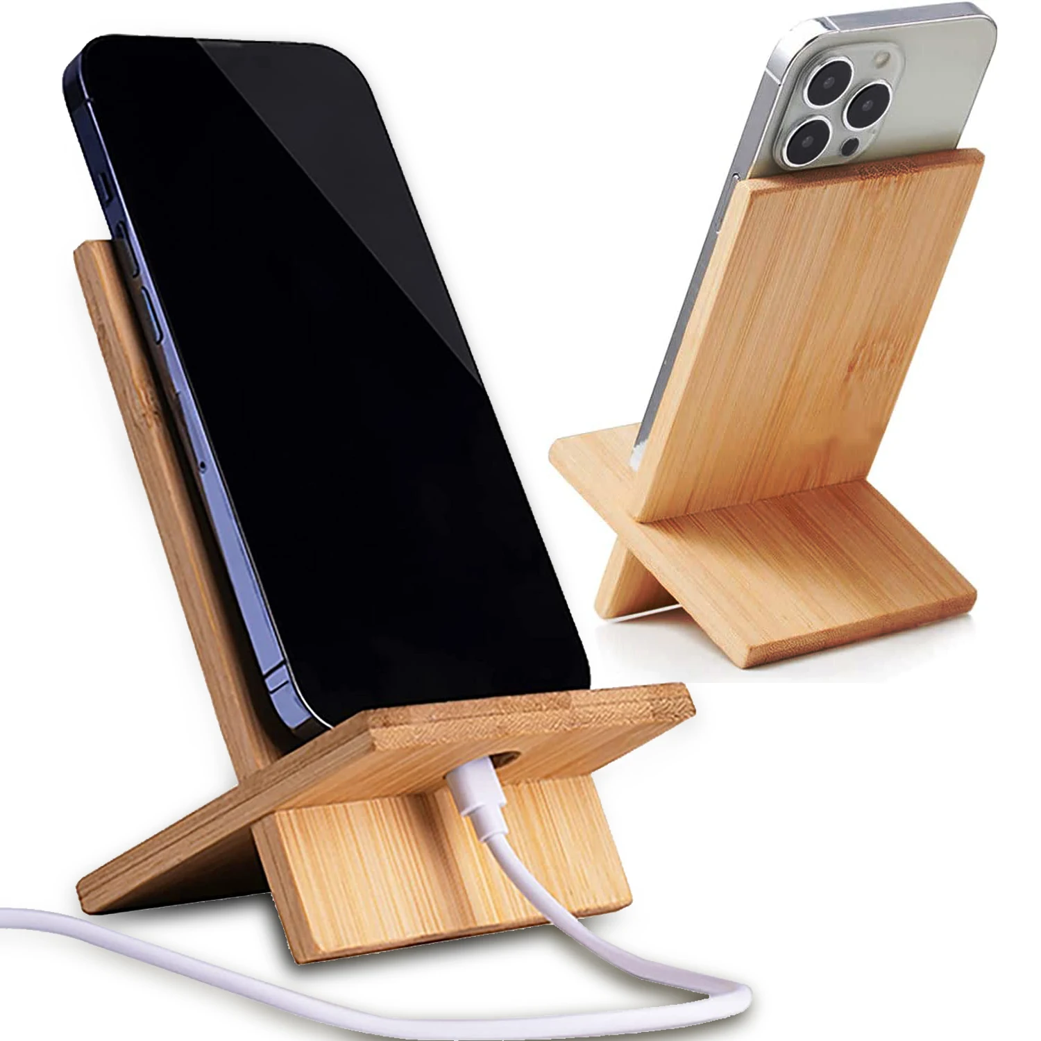 Cell Phone Stand for Desk with Charging Hole, Removable Wooden Phone Holder Tablet Stand Wood Desktop Dock Cradle