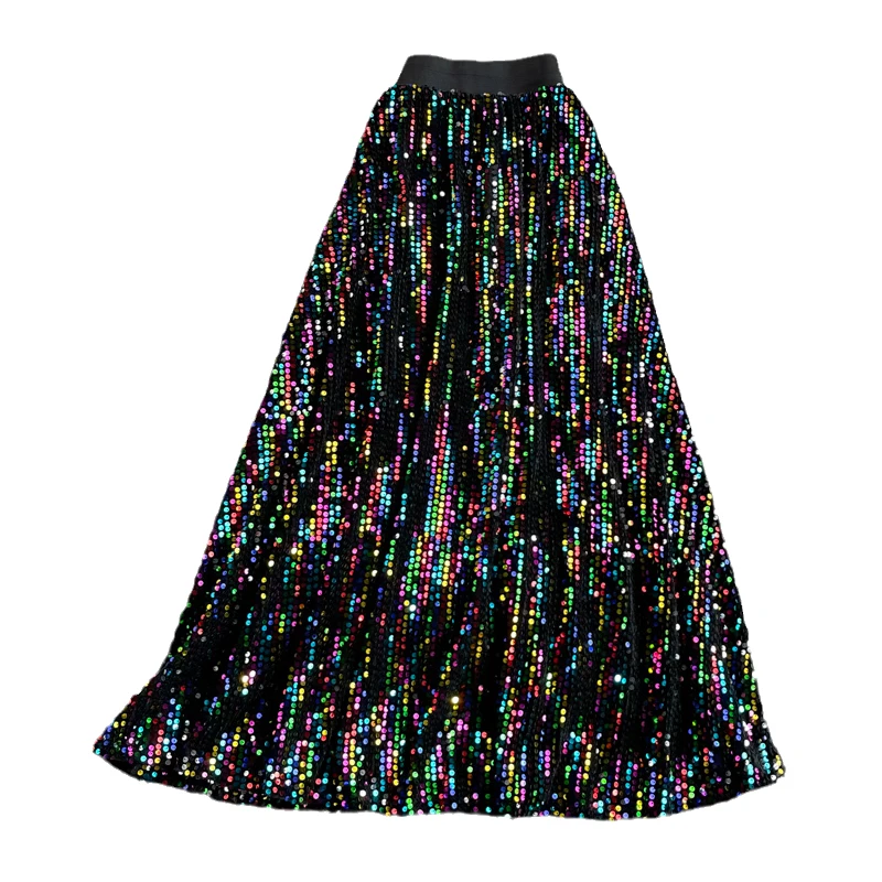 2023 Korean Version High Waist Thin Medium And Long Knee A-line Skirt Fashion Elastic Waist Sequin Large Swing Skirt