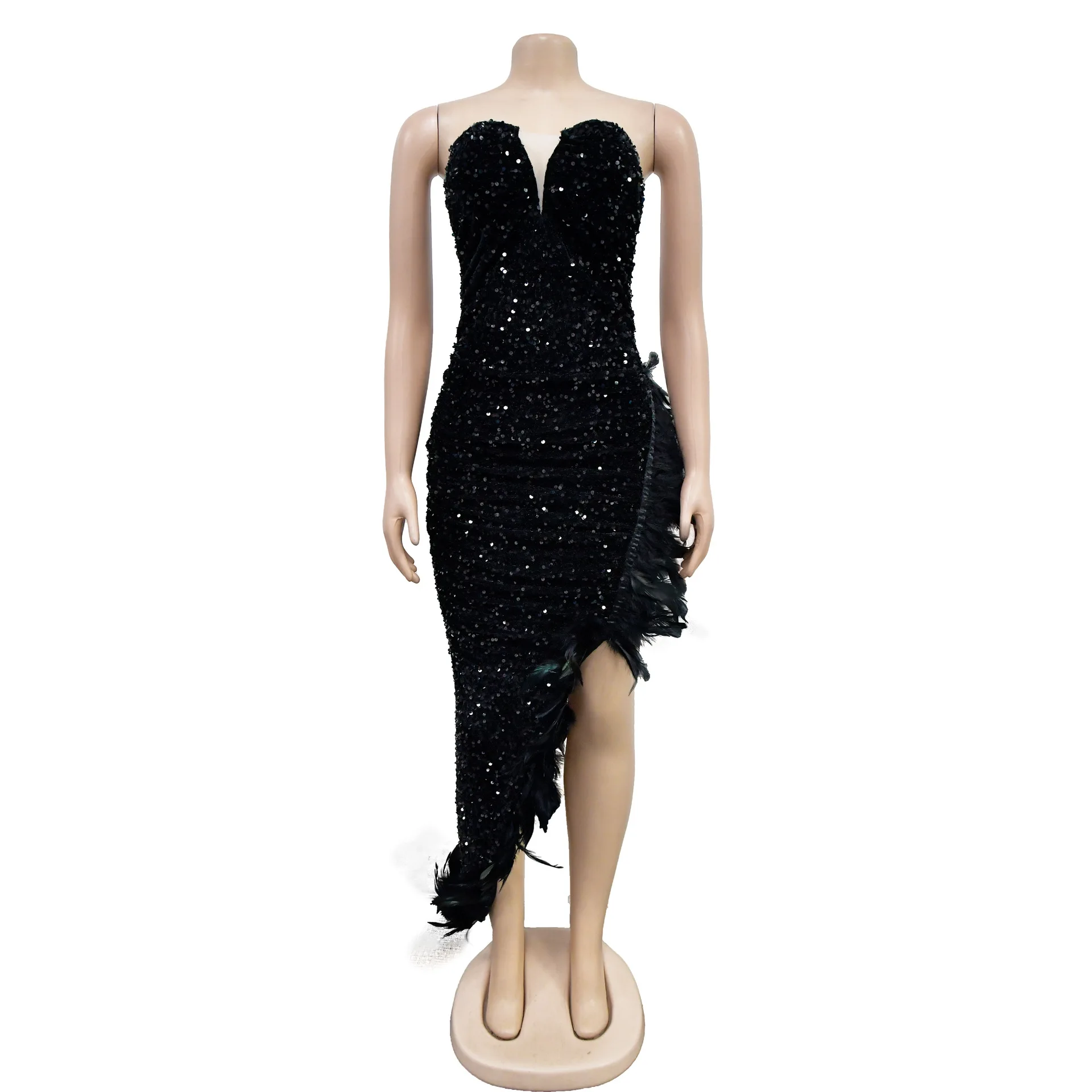 Ready to ship black color split fur women dresses elegant party evening dresses 2024