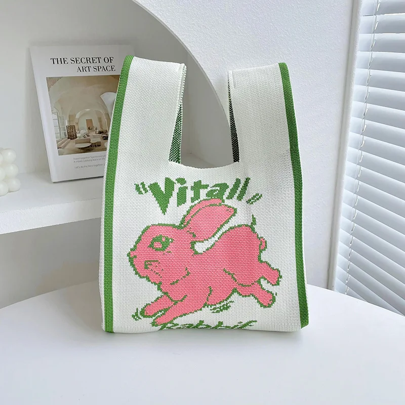 Brand Design Cute Rabbit Pattern Knitting Fabric Handbag Eco Small Shopping Bag Wool Crochet Tote Hand Bags for Women