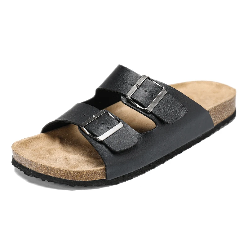 Wholesale Hot High Quality Men Double Metal Buckle Luxury Beach Slides Slippers with Pu Leather Couple Cork Brikenstock Sandals