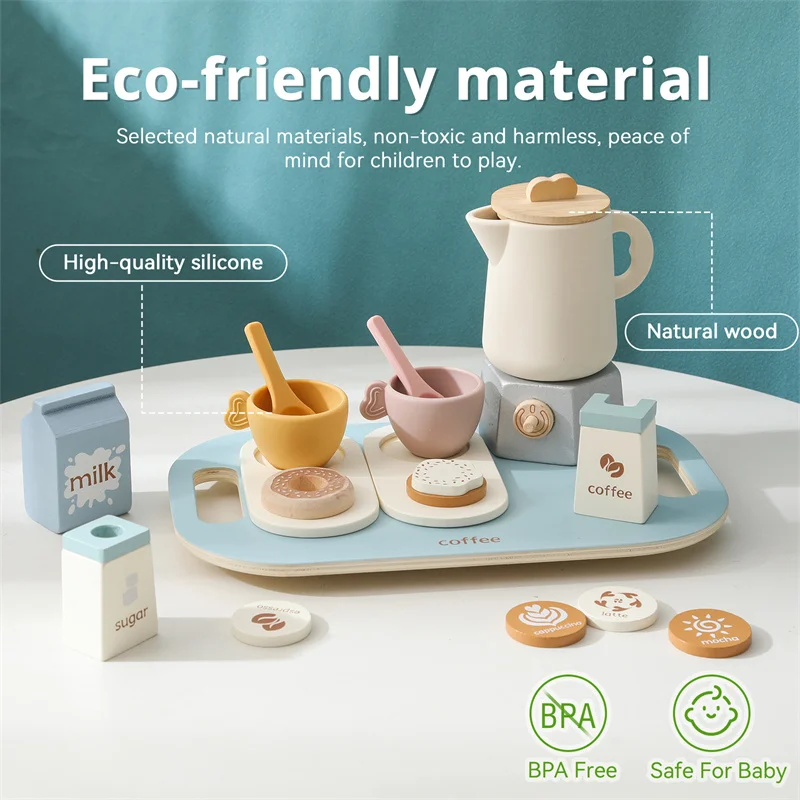 Wooden Afternoon Tea Set for 2-4 Years Pretend Play Kitchen Toy Educational Role-Play for Dessert Box Gift Packaging