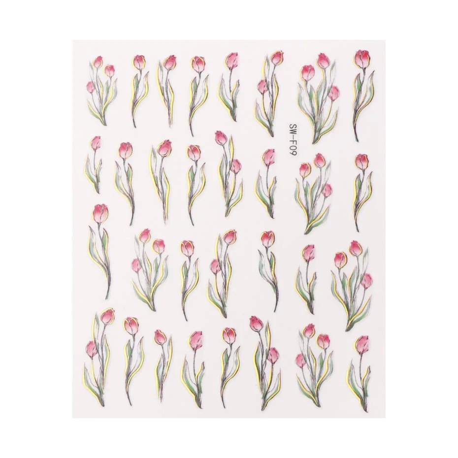 Spring Tulip Manicure Sticker Pink Oil Painting Style Tulip Flower Adhesive Waterproof Nail Sticker
