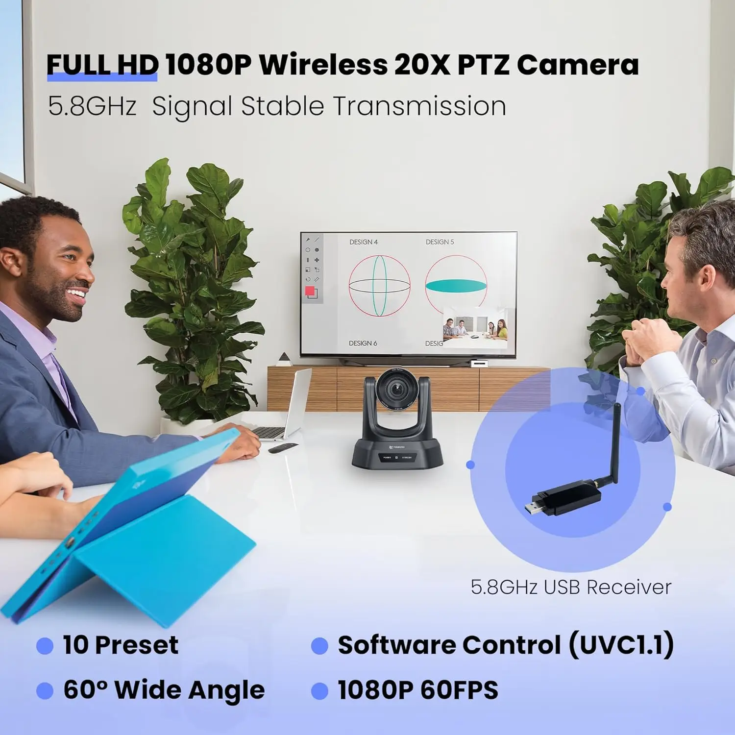 Wireless 20X Zoom 1080P 60FPS USB3.0 church live streaming Video PTZ Conference Camera