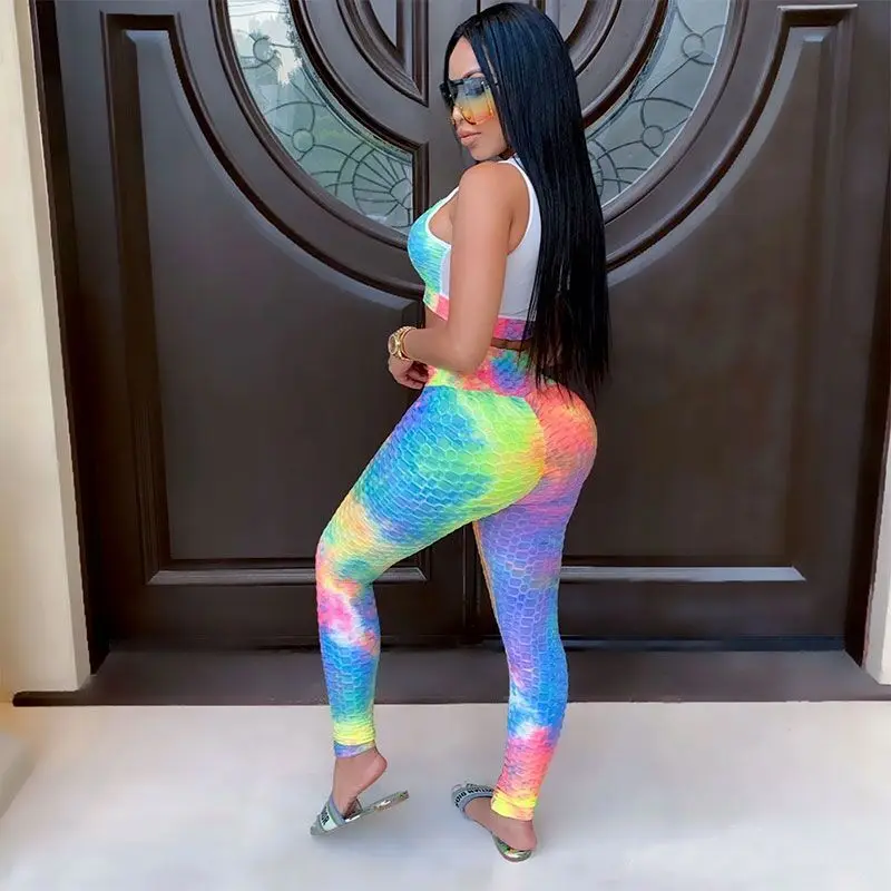 Wholesale Gym Fitness Sets Workout Clothing Women Anti Cellulite Scrunch Butt Leggings Set and Tie Dye Sports Bra