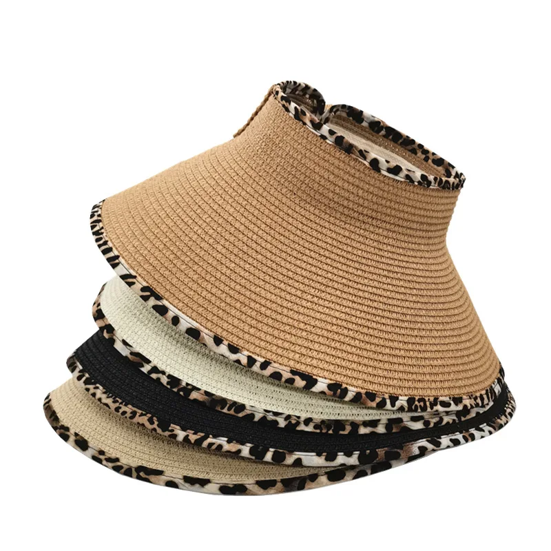 2024 new Summer leopard print hollow top straw hat sunscreen paper woven straw bow large edge adjustable sun hat for women