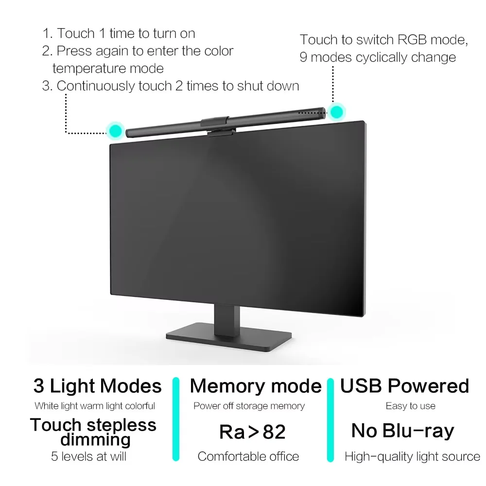 USB Rechargeable LED Office Light Modern Laptop Computer Screen Monitor Hanging Lamp with Touch Power Generation for Room Use