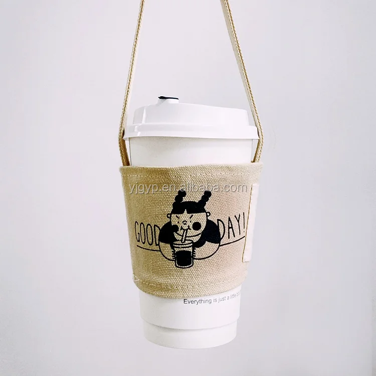 Environment Friendly customized reusable cotton Cup Sleeve for bubble tea with long strap
