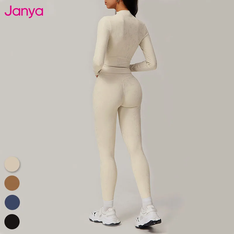 Janya Female Custom Logo Outdoor Sports Fitness Outfits High Neck Skinny Running Shirt + No Front Seam Active Yoga Leggings Set