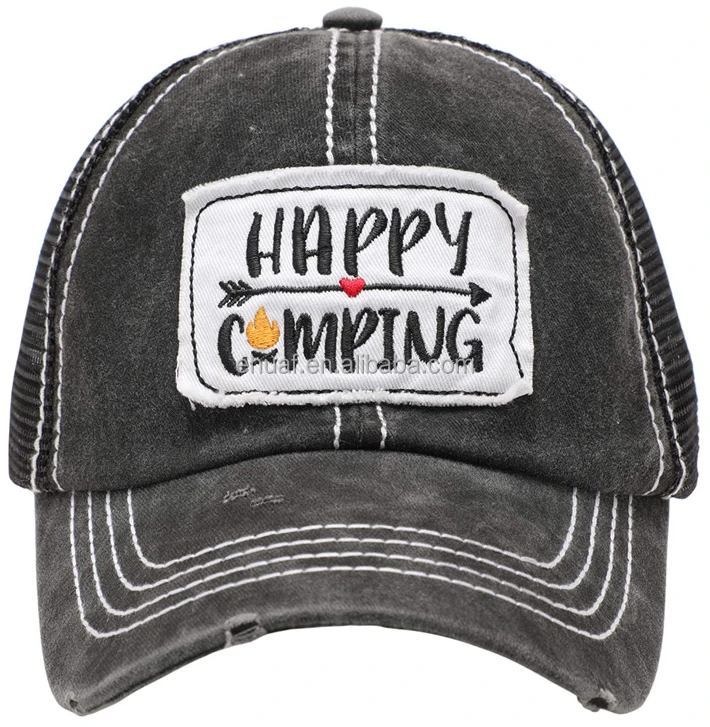 6 panel cotton denim and mesh embroidery distressed washed camper camping cap snap back hat