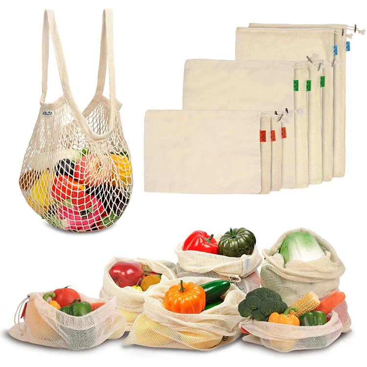 custom biodegradable eco friendly organic cotton reusable mesh produce bags set for fruits and vegetables, bolsas para verduras