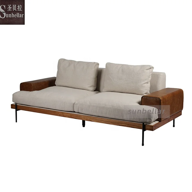 vintage fabric sofa genuine leather armrest wooden base with metal legs European style living room sofa white cotton linen