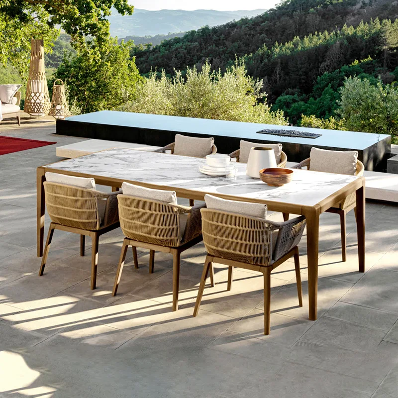 Outdoor teak rock plate dining table and chairs Villa Garden furniture Homestay Outdoor patio Nordic rattan chairs