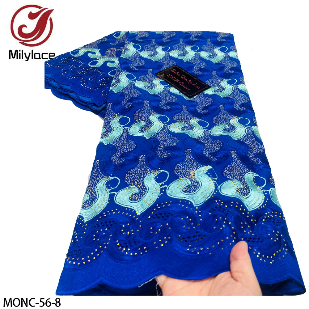 African High Quality Embroidery Flower Trim 100% Cotton Swiss Cotton Voile Lace Fabric with Stones