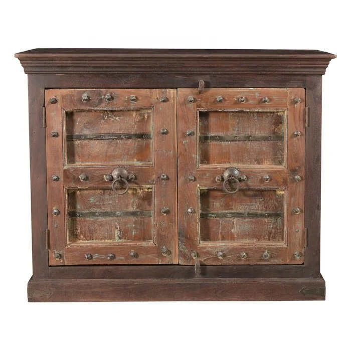 Farmhouse Rustic Recycled Wood Furniture Industrial Solid Wood Carving Cabinet 4 Doors Brown Wood Finish Doors Storage Cabinet