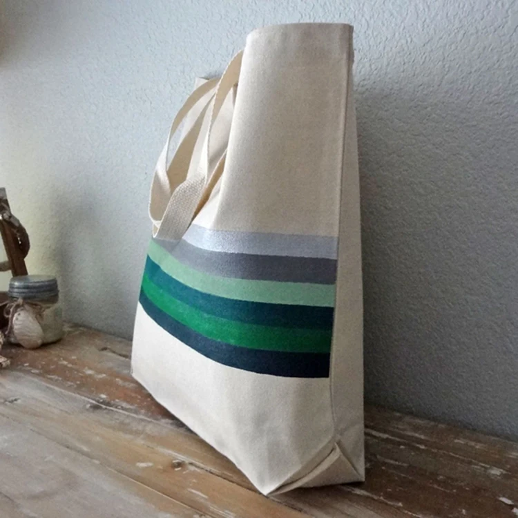 Green Striped Cotton Canvas beach bag