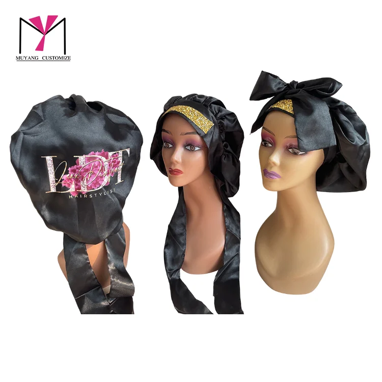 Muyang Hot Sale Custom Satin Hair Bonnet with Button round Satin Hair Cover Accepts Custom Size and Logo With long straps