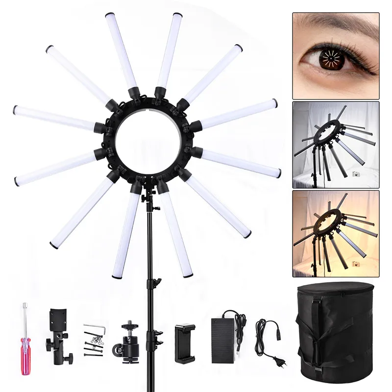 FOSOTO 36 inches Professional Photographic Kit 12 Tubes Star Ring Lighting Sun Shape Led Ring Light for Photography Video Live
