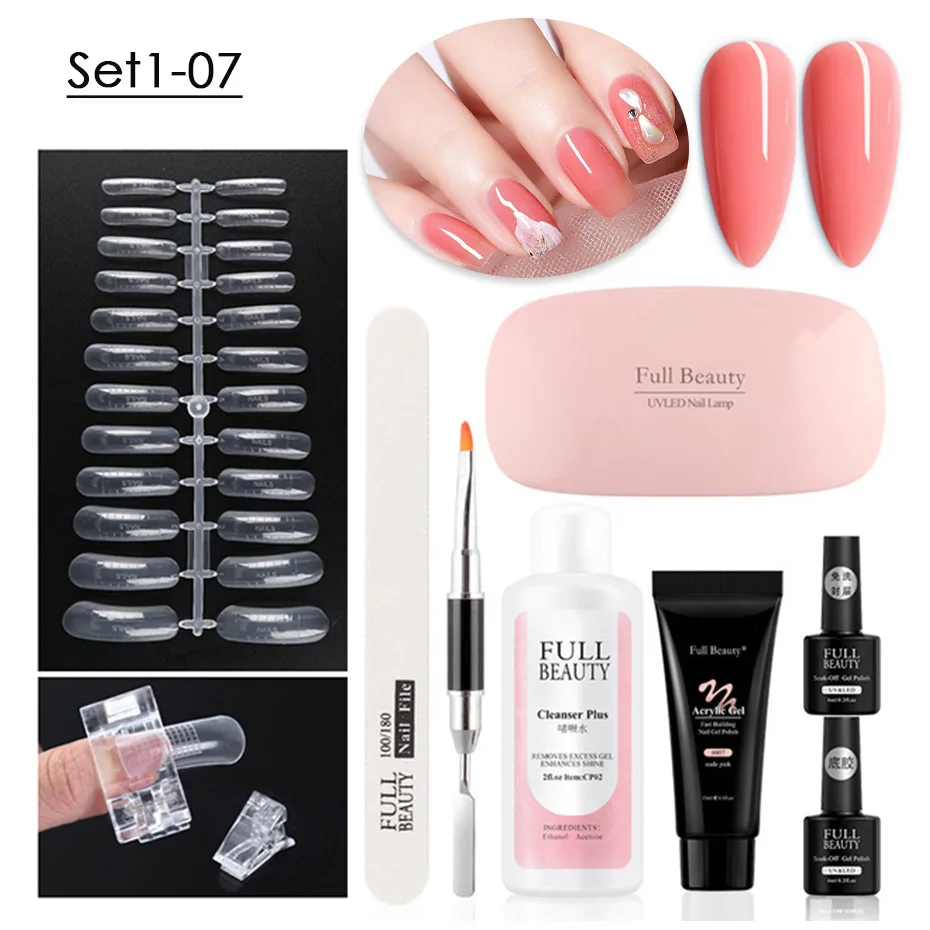 Nail Supplies Kit With Uv Led Lamp 3D Acrylic Nails Set Kit With Base And Top Coat Slip Solution Poly Extension DIY Nail Art