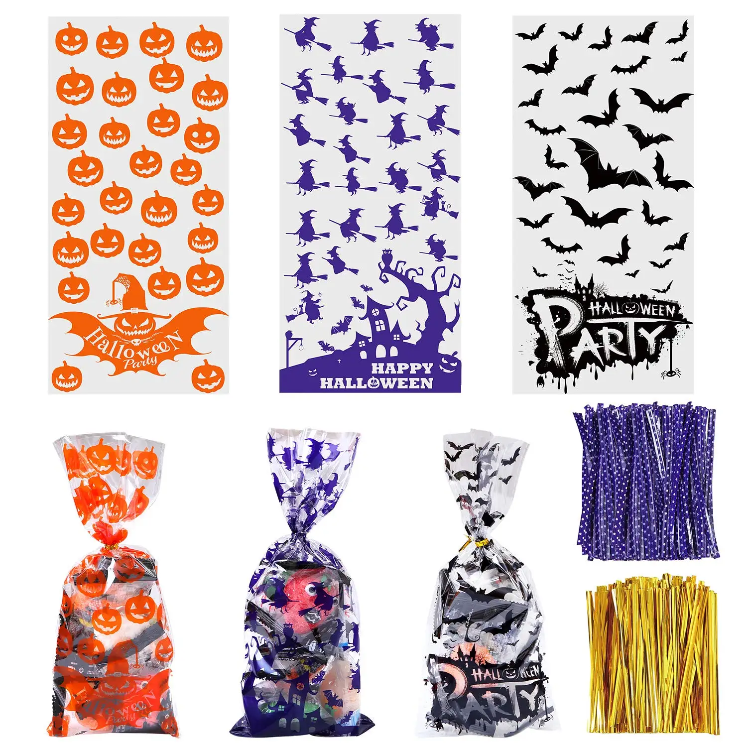 Halloween Party Plastic Customized  Cellophane Bags Snack pumpkin food Bag Clear Printed Candy  Treat Bags Food Packaging