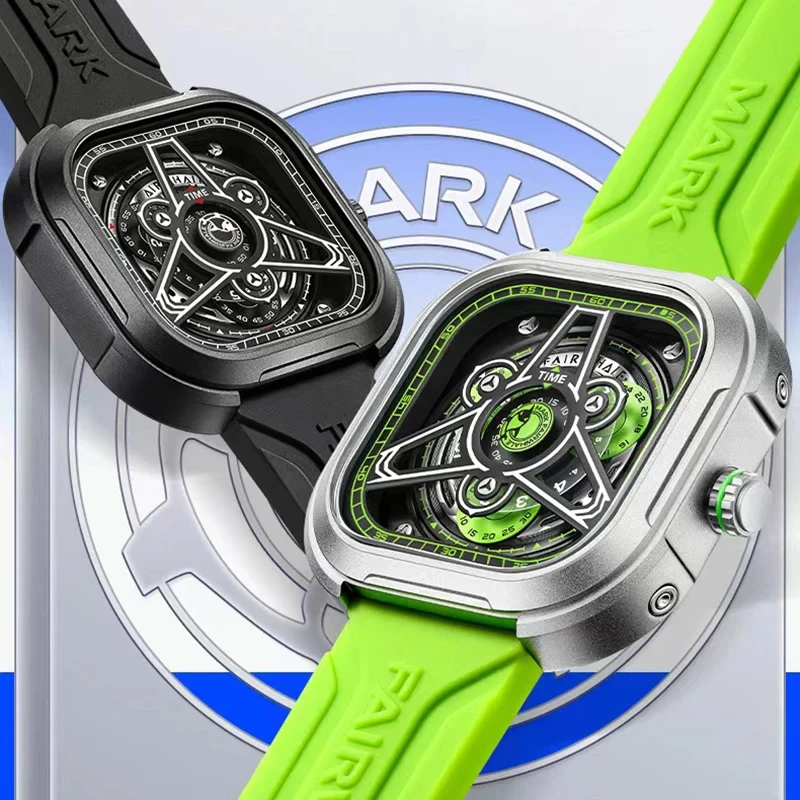 Mark Fairwhale 5740 2024 New Fashion Green Watch For Mens Sports Silicone Strap Square Quartz Wrist Watches Luxury Brands