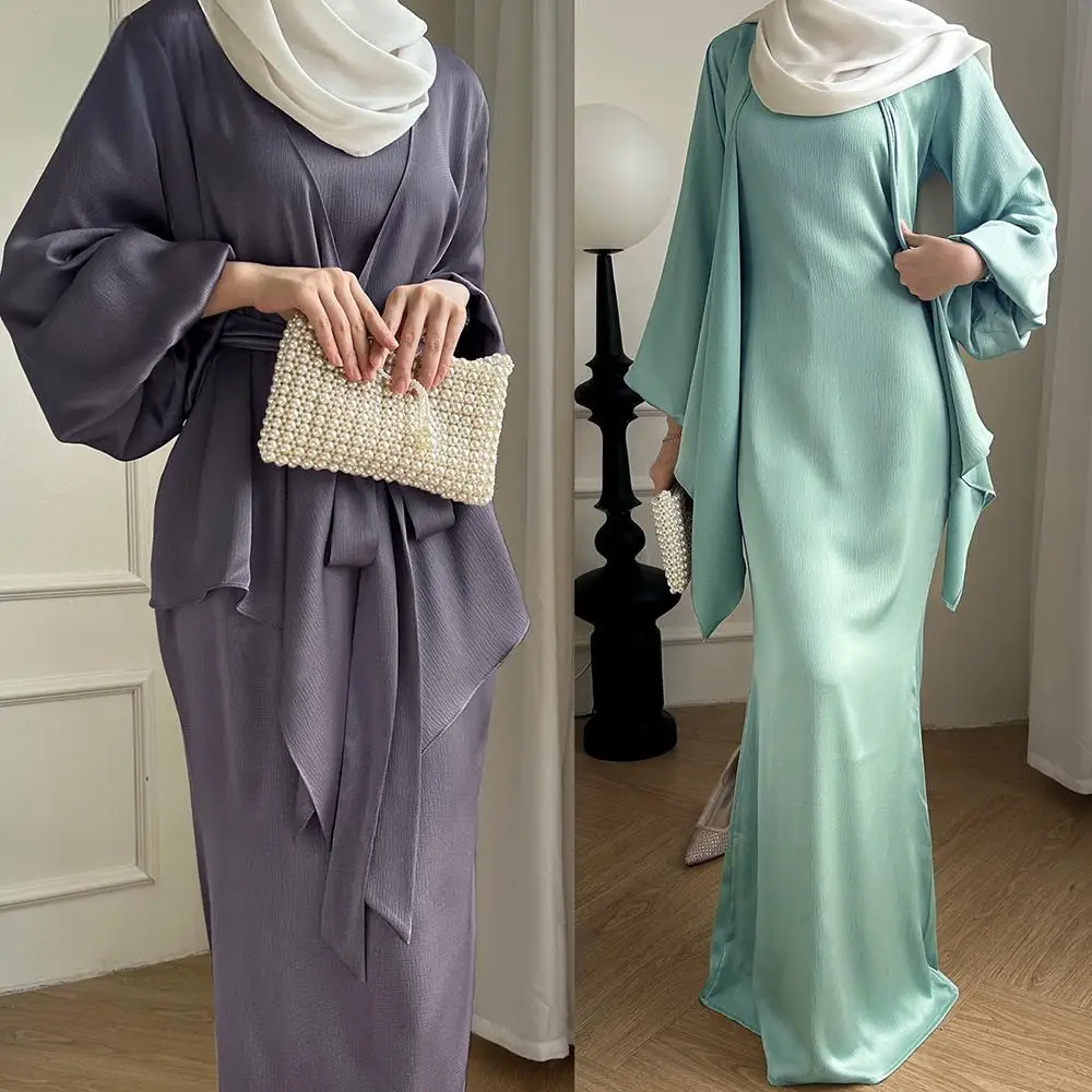 2024 Latest Islamic Muslim Women Dress Inner Slip dress 2 Piece Abaya Set Solid Color Satin Modest Muslim Women Dress