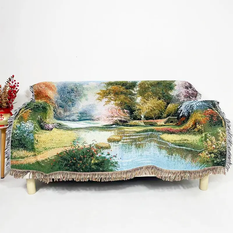 Outdoor Camping Cotton Bohemian Decorate Jacquard Beach Knitted Sofa Cover with Tassels Blanket