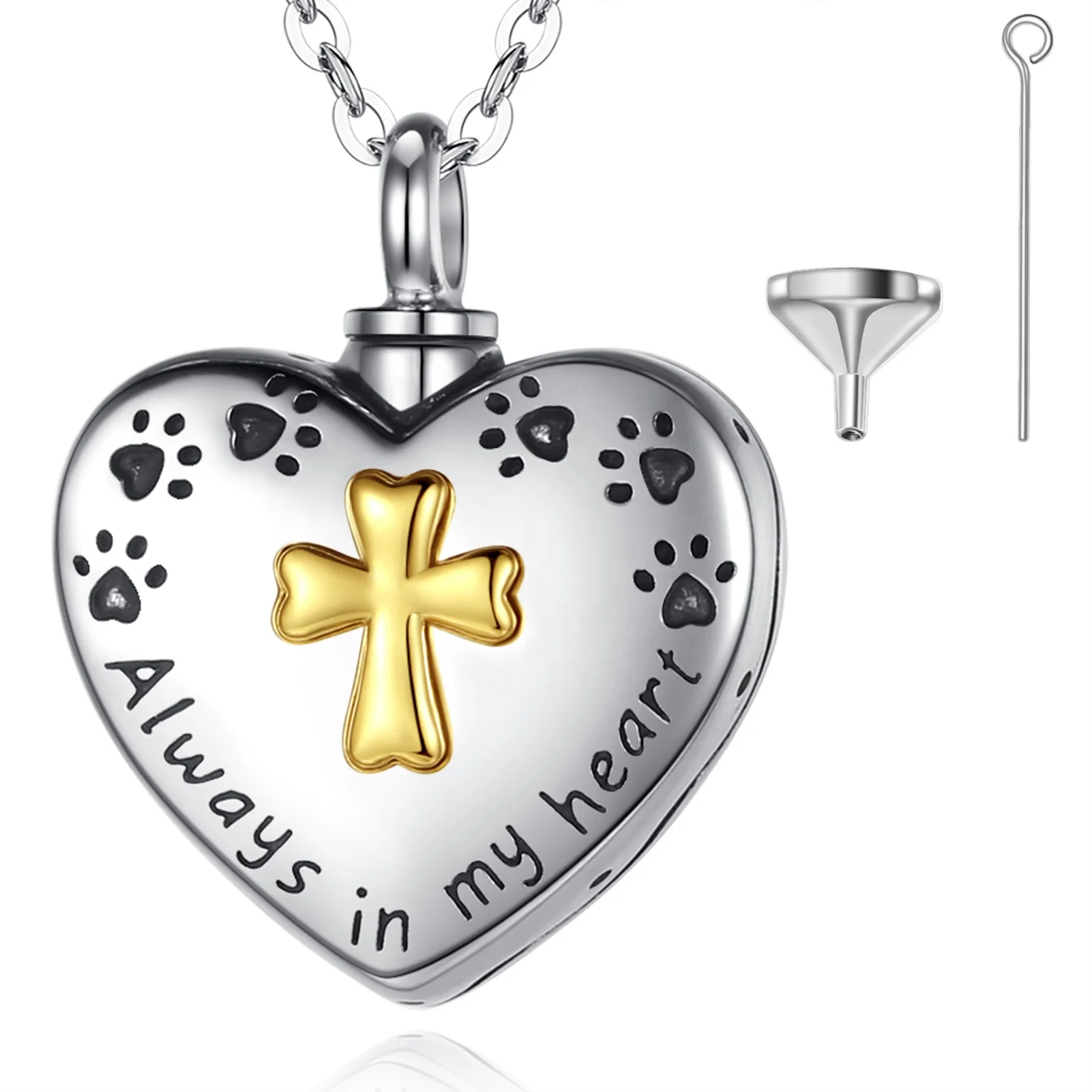 925 Sterling silver always in my heart cross cremation pet cat paw dog ash necklace