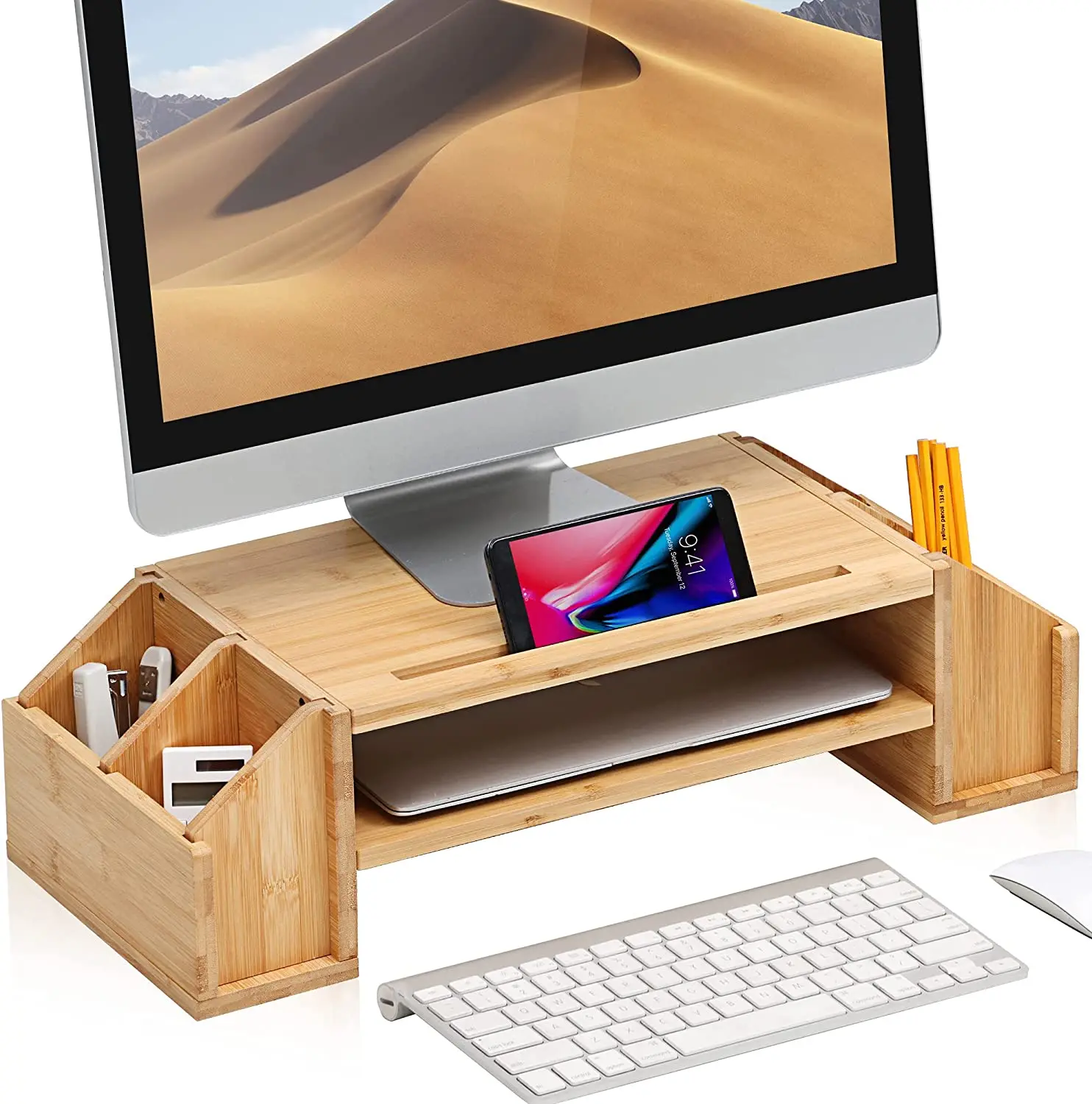 Combohome Natural Bamboo Computer Desk With Phone holder Monitor Laptop Stand
