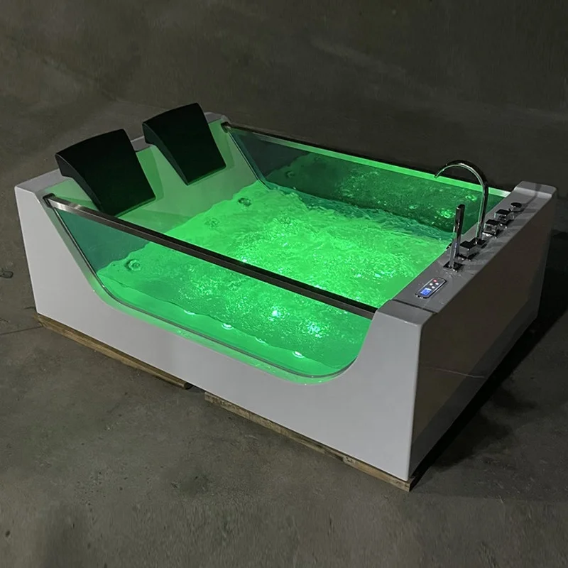 Hot Sale Adults Eco-friendly Free Standing Acrylic 2 Person Bathroom Glass Side Skirt Massage Air Bubble Bathtub With Pillow