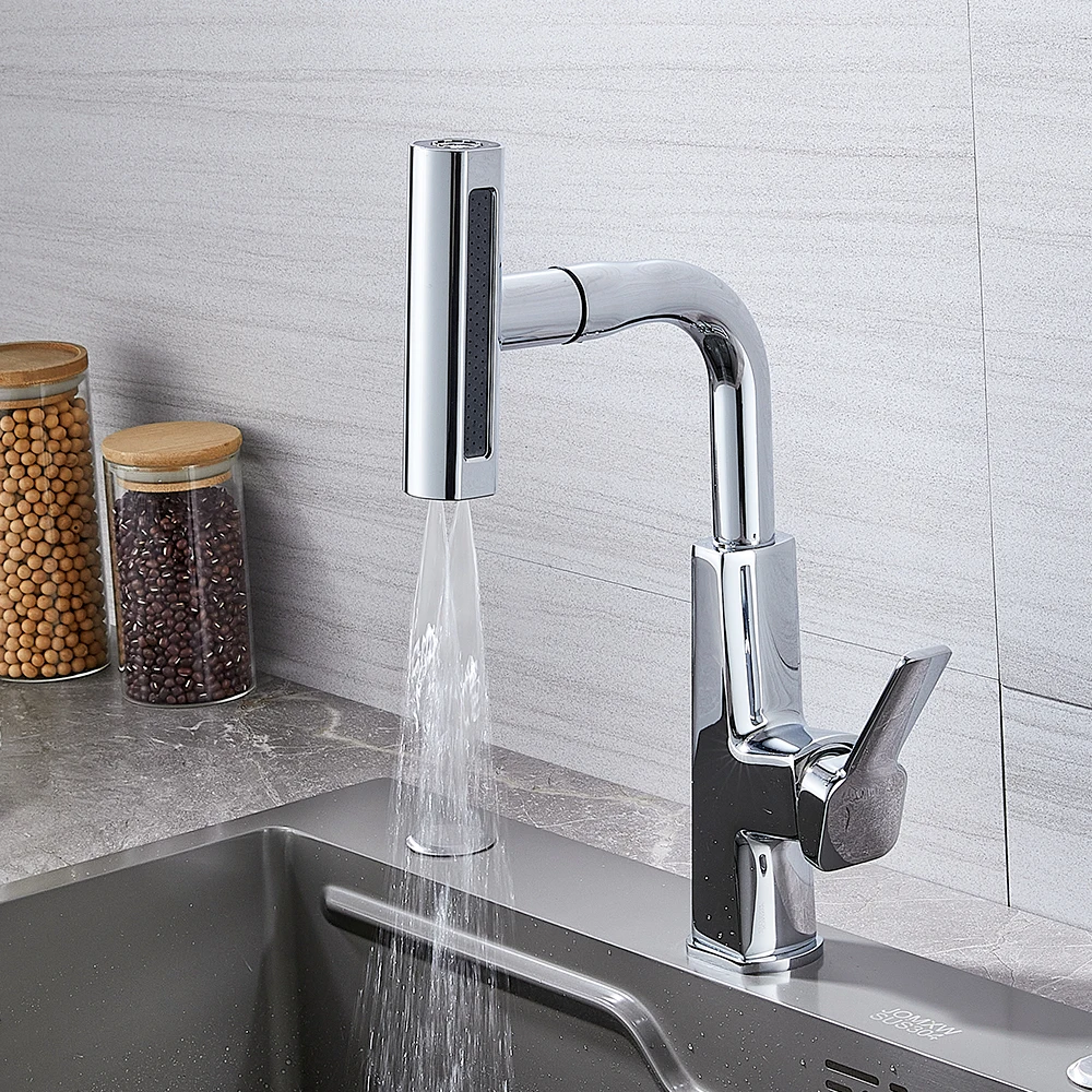 Chrome Kitchen Sink Mixer Brushed Nickle Water Tap Pull Out Rotation Waterfall Stream Sprayer Head  Flexible Kitchen Faucets