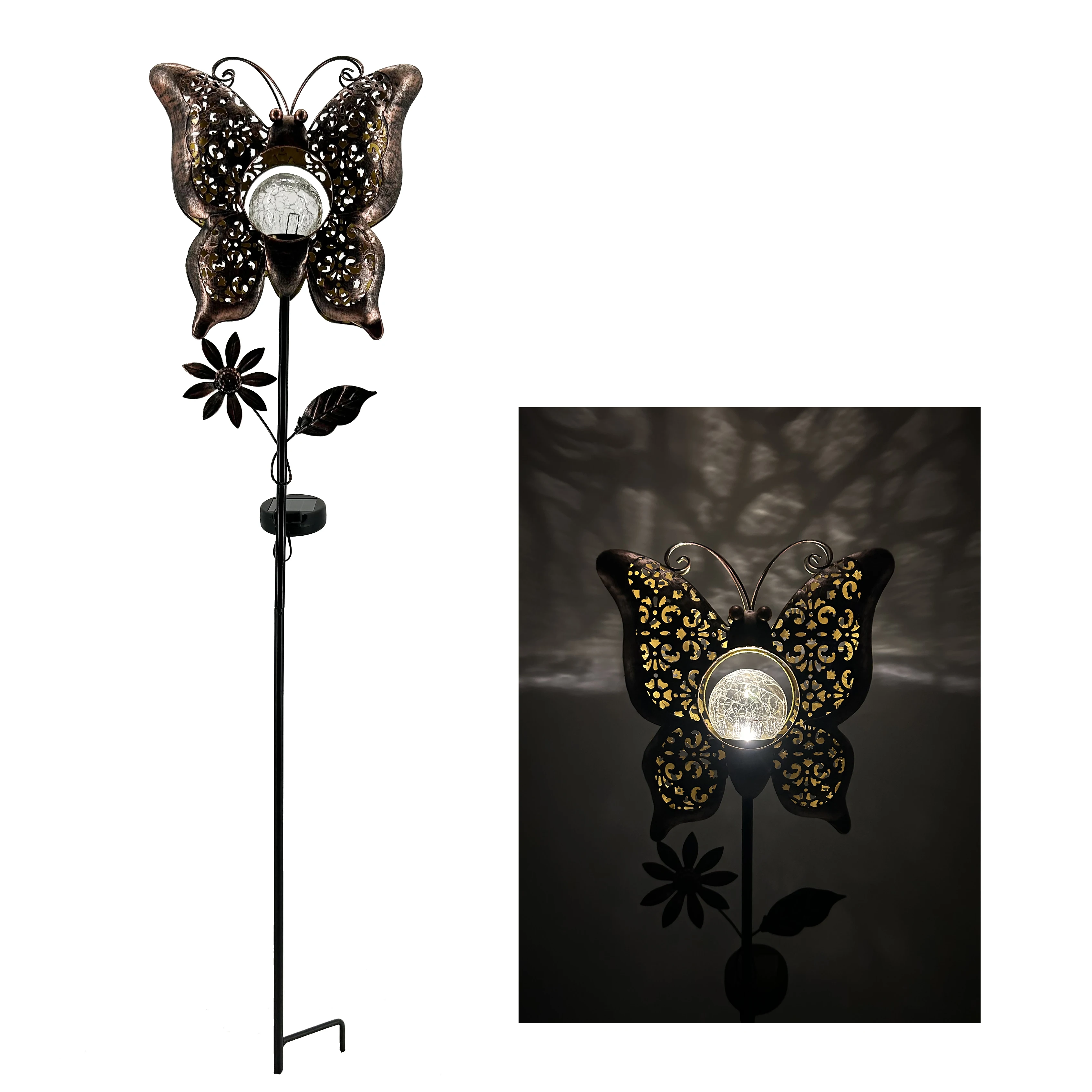 New Waterproof Metal Butterfly & Hummingbird & Owl & Snail with Crack Ball Solar Light Stake for Garden Ornaments