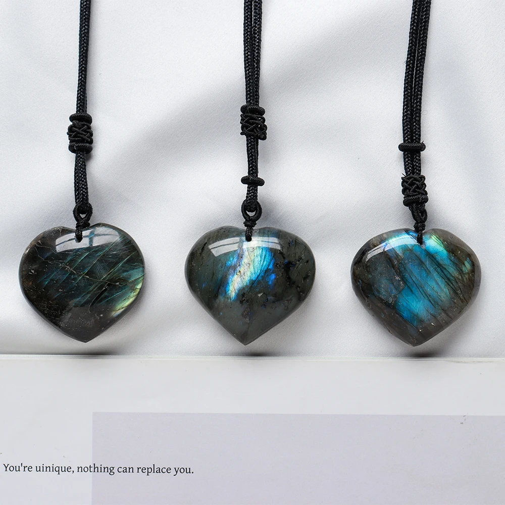 wholesale natural crystal labradorite heart shaped rough polished pendant love stone necklace crafts stone